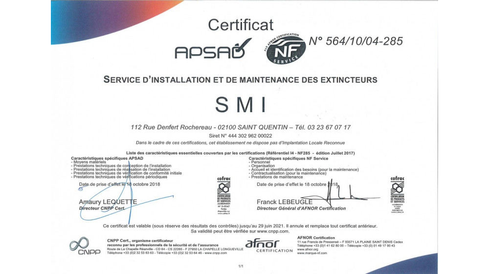 Certificat APSAD